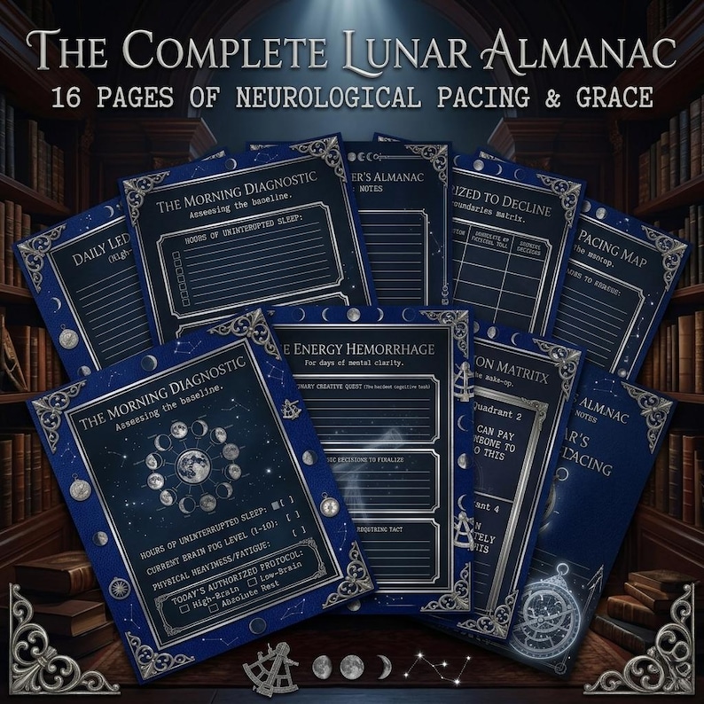 May include: A collection of dark blue almanac pages with silver accents and celestial designs. The text reads "The Complete Lunar Almanac" and "16 Pages of Neurological Pacing & Grace." Each page features charts and diagrams for tracking neurological health.
