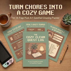 May include: A pixel art cleaning planner with the text "TURN CHORES INTO A COZY GAME." The planner includes a "Daily Quest Board" and "The Cozy Clean Quest Log." A mug, plant, and a game console are also visible.