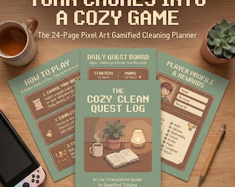 Planificador de limpieza gamificado, tabla de tareas para gamers, registro de hábitos en pixel art (PDF)