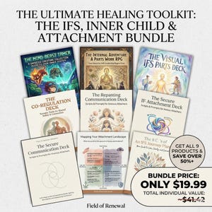 Puede incluir: Un conjunto de nueve productos de autoayuda, incluyendo barajas y guías, con títulos como "The Mind-Beast Tamer" y "The Secure Communication Deck". El paquete se titula "The Ultimate Healing Toolkit" e incluye el texto "The IFS, Inner Child & Attachment Bundle."