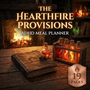 May include: A leather-bound book with a flame emblem, a wooden test tube rack with glowing vials, and a small bottle with a cork. The text reads "THE Hearthfire PROVISIONS ADHD MEAL PLANNER". A copper plaque reads "19 PAGES".