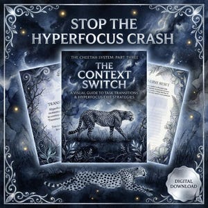 May include: A digital download guide titled The Cheetah System: Part Three, The Context Switch, featuring a visual guide to task transitions and hyperfocus exit strategies. The cover displays a cheetah illustration against a dark, starry background.