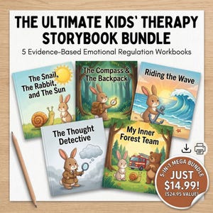 May include: A bundle of five children's workbooks titled "The Ultimate Kids' Therapy Storybook Bundle." Each book cover features a cartoon rabbit in different settings, with titles like "The Snail, The Rabbit, and The Sun" and "Riding the Wave." A pencil is visible on the left.