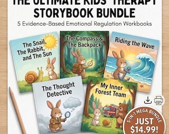 Bundel met verhalenboeken voor kindertherapie, CBT DGT ACT Somatic IFS-werkboeken, copingvaardigheden, afdrukbare bestanden, hulpmiddelen voor schoolbegeleiders, hulpmiddel voor kindertherapeuten