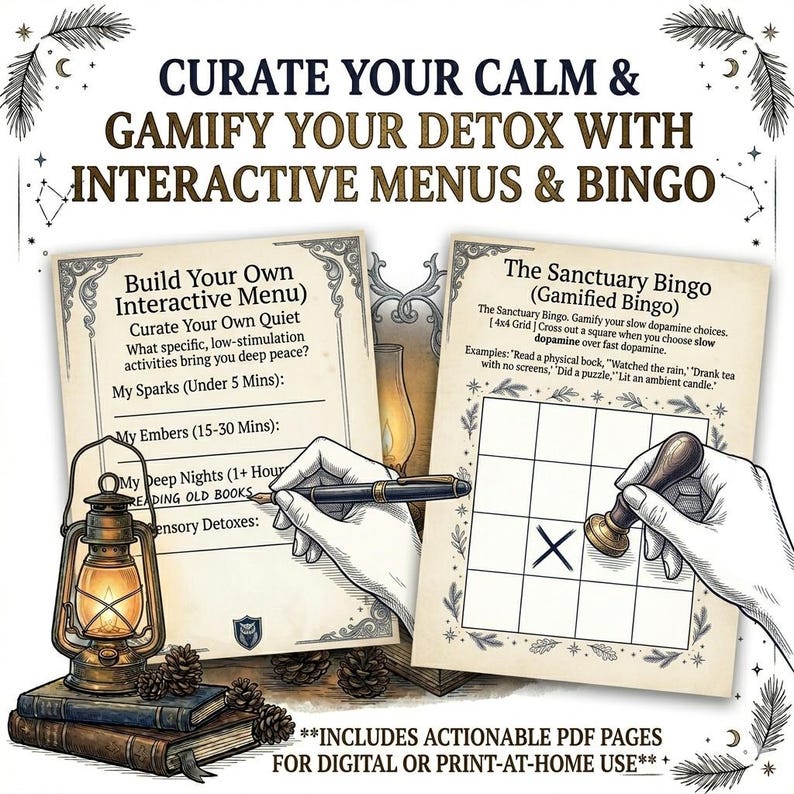 May include: An illustrated guide with the text "Curate Your Calm & Gamify Your Detox With Interactive Menus & Bingo." The image features a lantern, books, and two interactive menu pages with prompts for self-care activities.