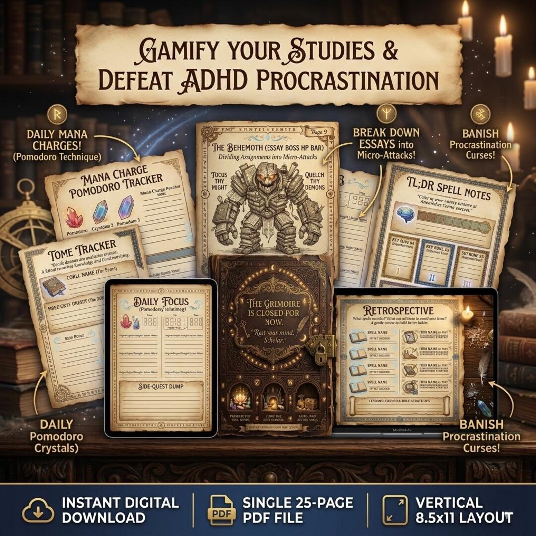 ADHD Student Planner, Gamified Study Grimoire, Dark Academia College ...