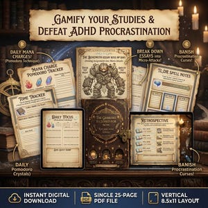 May include: Digital study planner with a fantasy theme. Includes a tracker, spell notes, and a daily focus section. The text reads "Gamify Your Studies & Defeat ADHD Procrastination". The layout is vertical, 8.5x11 inches.