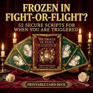 May include: An image advertising a printable card deck, "The Oracle of Venus." The central card has a burgundy cover with gold detailing and a lantern design. Other cards with a green background and a bust are visible. Text includes "Frozen in Fight-or-Flight?" and "Printable Card Deck."