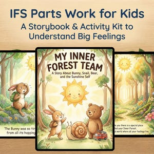 Peut inclure: Un livre d'histoires et un kit d'activités pour enfants intitulé "My Inner Forest Team". La couverture présente une scène de forêt ensoleillée avec un lapin, un escargot et un ours. Le texte indique "IFS Parts Work for Kids: A Storybook & Activity Kit to Understand Big Feelings."