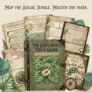 May include: A collection of vintage-style explorer's guides and maps. The central book, "The Explorer's Field Guide," features a compass, chameleon, and tropical leaves. Additional pages include terrain classifications and expedition logs. The text reads "Map the Social Jungle."