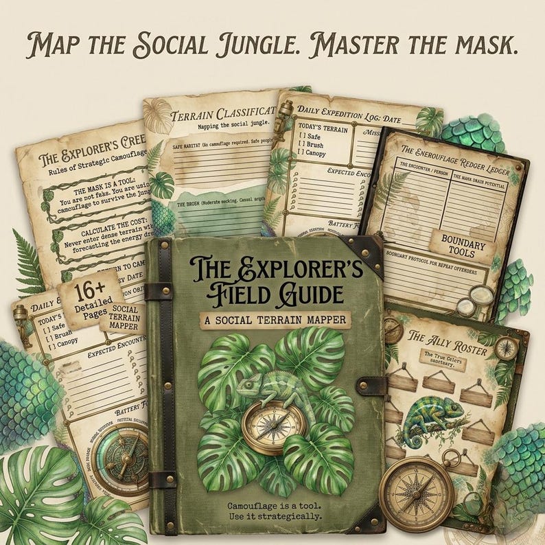 May include: A collection of vintage-style explorer's guides and maps. The central book, "The Explorer's Field Guide," features a compass, chameleon, and tropical leaves. Additional pages include terrain classifications and expedition logs. The text reads "Map the Social Jungle."