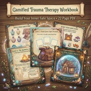 Può includere: Una raccolta di pagine illustrate da un "Gamified Trauma Therapy Workbook". Le pagine presentano illustrazioni e testo stravaganti, tra cui "Build Your Inner Safe Space" e "22 Page PDF". Le pagine sono disposte su una superficie di legno, con una pergamena in alto.
