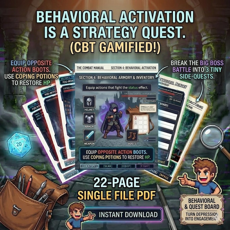 Pode incluir: An&uacute;ncio de uma busca de estrat&eacute;gia gamificada CBT, dispon&iacute;vel como download digital. A imagem apresenta gr&aacute;ficos de jogo, com um personagem com armadura e botas. O texto inclui "Equipe as botas de a&ccedil;&atilde;o opostas" e "PDF de 22 p&aacute;ginas".
