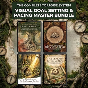 May include: A four-part visual goal setting and pacing master bundle titled The Complete Tortoise System. The set includes The Shell & The Seed, The Ancient Rings, The Sun Pillar & The Hide, and The Terrain & The Stride, featuring tortoise illustrations.