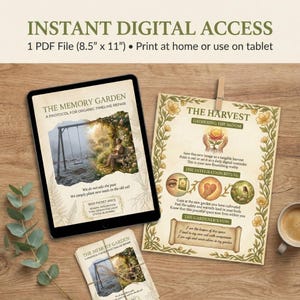 May include: An image featuring digital art prints and a tablet. The tablet displays "The Memory Garden" with a swing set illustration. A print titled "The Harvest" is also visible, along with a small print of the same design. The text includes "Instant Digital Access".