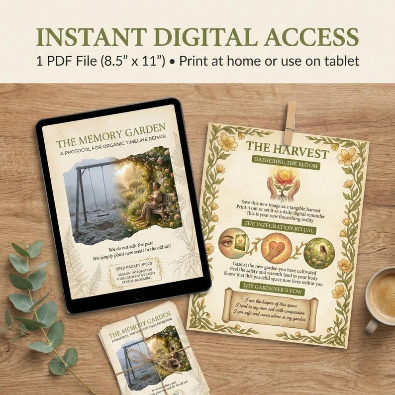 May include: An image featuring digital art prints and a tablet. The tablet displays "The Memory Garden" with a swing set illustration. A print titled "The Harvest" is also visible, along with a small print of the same design. The text includes "Instant Digital Access".
