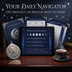May include: A digital planner with the text "YOUR DAILY NAVIGATOR" and "USE DIGITALLY ON IPAD OR PRINT AT HOME". The image includes a tablet displaying a "MORNING DIAGNOSTIC" screen, a book titled "THE LUNAR ALMANAC", and a cup of tea.