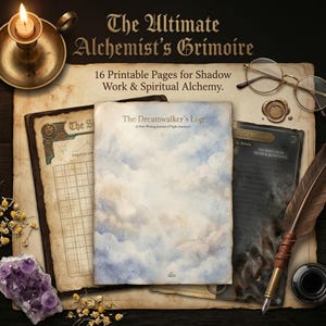 May include: An image of a collection of mystical items, including a lit candle in a brass holder, a journal with cloud-like artwork, and a quill pen. The text reads "The Ultimate Alchemist's Grimoire" and "The Dreamwalker's Log".