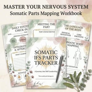 May include: A collection of workbooks titled "Master Your Nervous System Somatic Parts Mapping Workbook." The cover of the main workbook reads "Somatic IFS Parts Tracker" with the text "A Journey into Self-Leadership." Other pages include "Daily System Check-In" and "The Language of the Body."