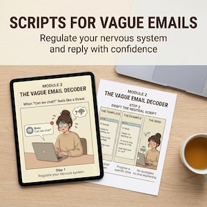 Puede incluir: Una ilustraci&oacute;n de una tableta y una hoja impresa con texto sobre correos electr&oacute;nicos vagos. La tableta muestra una caricatura de una persona estresada frente a una computadora port&aacute;til. El texto dice "Scripts for Vague Emails" y "Regula tu sistema nervioso y responde con confianza."