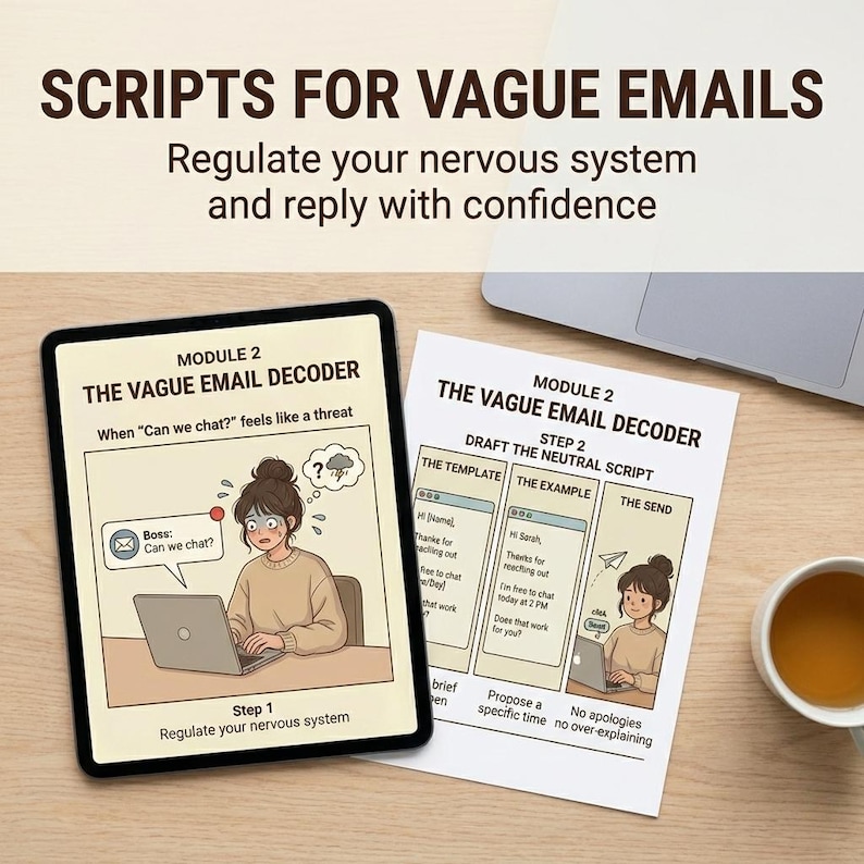 Puede incluir: Una ilustraci&oacute;n de una tableta y una hoja impresa con texto sobre correos electr&oacute;nicos vagos. La tableta muestra una caricatura de una persona estresada frente a una computadora port&aacute;til. El texto dice "Scripts for Vague Emails" y "Regula tu sistema nervioso y responde con confianza."