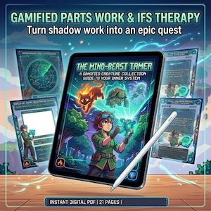 Könnte beinhalten: Digitale Illustration eines Tablets, das den Leitfaden "The Mind-Beast Tamer" anzeigt, mit Charakter- und Kreaturengrafiken. Umgebende Karten und Text lauten "Gamified Parts Work & IFS Therapy". Ein weißer Stift liegt auf dem Tablet. Das untere Banner lautet "Instant Digital PDF | 21 Pages".