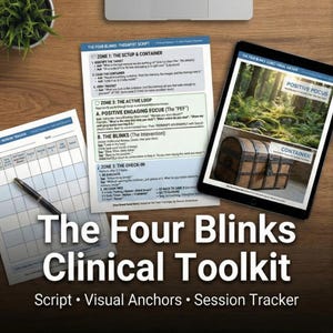 Peut inclure: Une composition de bureau avec une tablette affichant "Positive Focus" et "Container", ainsi que des scripts imprimés et un suivi de session. Le texte "The Four Blinks Clinical Toolkit" est visible.