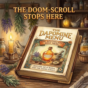 May include: An illustrated book titled "The Dapomine Menu" with the subtitle "The Apothecary's Rest Menu." The cover shows a potion bottle, mortar and pestle, and the text "Restore HP & Mana. End the Doom-Scroll." The text "The Doom-Scroll Stops Here" is at the top.