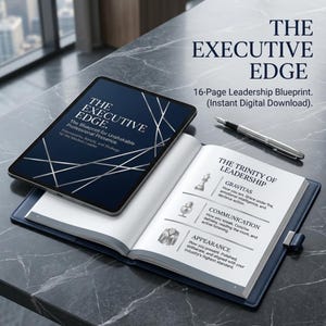 Puede incluir: Un plan de liderazgo digital titulado "The Executive Edge" en una tableta, con un bolígrafo y un cuaderno abierto. El cuaderno muestra "The Trinity of Leadership" con rasgos clave de liderazgo. La tableta y el cuaderno descansan sobre una superficie oscura y texturizada.
