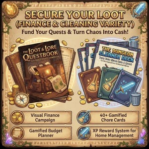 May include: An illustrated advertisement for financial and cleaning products. The image features a book titled "The Loot & Lore Questbook" and a card deck called "The Dungeon Cleaner Deck." Text includes "Secure Your Loot" and "Fund Your Quests & Turn Chaos Into Cash!"