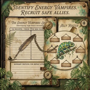 May include: A vintage-style illustration with text reading "Identify Energy Vampires. Recruit Safe Allies." Features a chameleon, a quill, and a chart. The color palette includes greens, browns, and beige, with a fantasy theme.
