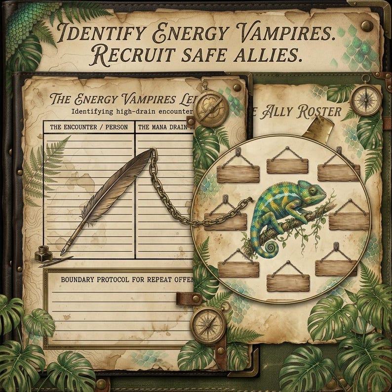 May include: A vintage-style illustration with text reading "Identify Energy Vampires. Recruit Safe Allies." Features a chameleon, a quill, and a chart. The color palette includes greens, browns, and beige, with a fantasy theme.
