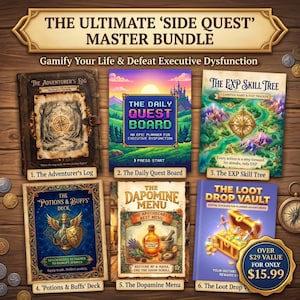 Könnte beinhalten: Das Ultimate 'Side Quest' Master Bundle enthält sechs Artikel: The Adventurer's Log, The Daily Quest Board, The EXP Skill Tree, 'Potions & Buffs' Deck, The Dopamine Menu und The Loot Drop Vault. Das Bundle soll das Leben spielerisch gestalten und exekutive Dysfunktion besiegen.