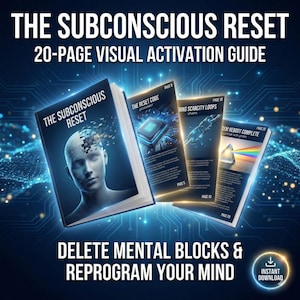 Puede incluir: Una guía visual titulada "The Subconscious Reset" con el texto "Guía de activación visual de 20 páginas". La portada presenta un rostro humano con un diseño fragmentado. Páginas adicionales muestran diagramas y texto. La guía promete "eliminar bloqueos mentales y reprogramar tu mente."