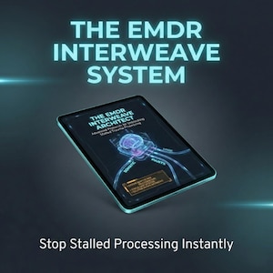 May include: A digital tablet displaying "The EMDR Interweave Architect" with advanced protocols for unblocking stalled trauma processing. The text "The EMDR Interweave System" and "Stop Stalled Processing Instantly" are also visible.