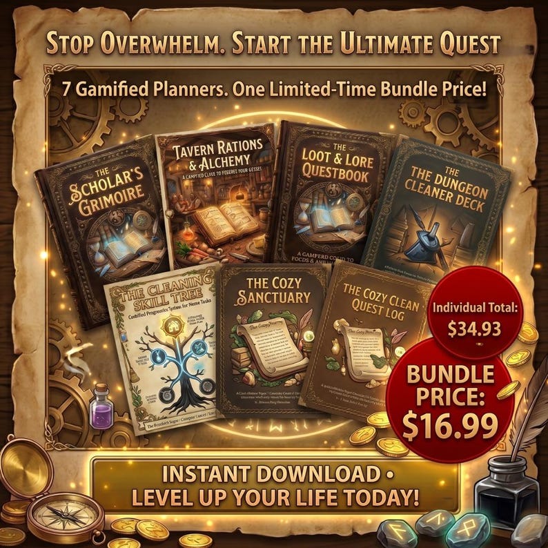 May include: An advertisement for a bundle of 7 gamified planners with a fantasy theme. The planners have titles like "The Scholar's Grimoire" and "The Cozy Sanctuary." The bundle price is $16.99, with an individual total of $34.93. The text reads "Stop Overwhelm. Start the Ultimate Quest."