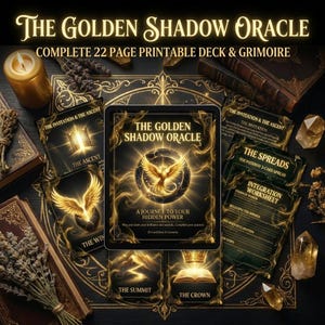 以下が含まれることがあります： The Golden Shadow Oracleのデッキとグリモワールセット。カードとガイドは、フェニックスのイラストが描かれた金と黒のデザインが特徴です。このセットには、22ページの印刷可能なデッキとグリモワール、追加のカードとクリスタルが含まれています。