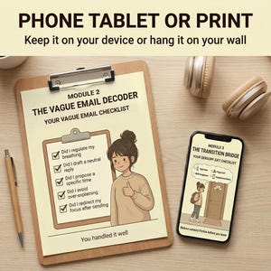 Puede incluir: Un portapapeles de madera con una lista de verificaci&oacute;n titulada "El decodificador de correo electr&oacute;nico ambiguo" y una ilustraci&oacute;n de dibujos animados de una mujer. Un tel&eacute;fono inteligente muestra la lista de verificaci&oacute;n "El puente de transici&oacute;n". El texto dice "Tel&eacute;fono, tableta o impresi&oacute;n".