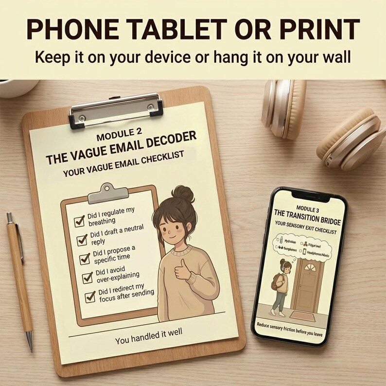 Puede incluir: Un portapapeles de madera con una lista de verificaci&oacute;n titulada "El decodificador de correo electr&oacute;nico ambiguo" y una ilustraci&oacute;n de dibujos animados de una mujer. Un tel&eacute;fono inteligente muestra la lista de verificaci&oacute;n "El puente de transici&oacute;n". El texto dice "Tel&eacute;fono, tableta o impresi&oacute;n".