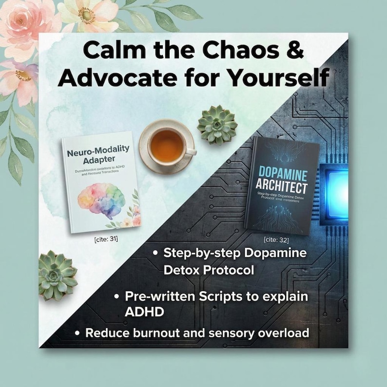 May include: An advert with the text "Calm the Chaos & Advocate for Yourself". It features two books, "Neuro-Modality Adapter" and "Dopamine Architect", a cup of tea, and succulents. The ad promotes a dopamine detox protocol and scripts for ADHD.