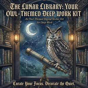 May include: An illustration of an owl perched on a telescope, with a night sky and bookshelves in the background. The text reads "The Lunar Library: Your Owl-Themed Deep Work Kit" and "Curate Your Focus. Decorate the Quiet."