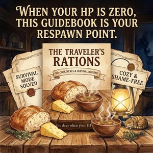 May include: An illustrated book cover titled "The Traveler's Rations" with text "No-cook meals & survival hygiene." The image includes bread, cheese, and soup bowls on a wooden table. Text above reads "When your HP is zero, this guidebook is your respawn point."