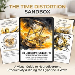 Puede incluir: Una tableta digital muestra una portada titulada The Cheetah System: Part Two, The Time Distortion Sandbox, con una ilustración en acuarela de un guepardo corriendo y un reloj de arena. Las páginas circundantes muestran diagramas y texto.