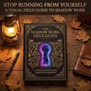 May include: A hardback book titled "The Shadow Work Field Guide" with a keyhole design on the cover, surrounded by gold detailing. The book is on a wooden surface with a lit lantern, pen, and dried leaves. Text reads "Stop Running From Yourself".