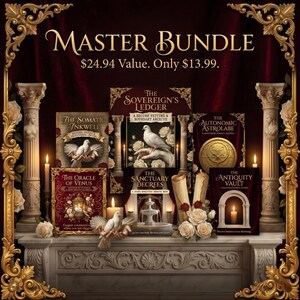 May include: A collection of books titled "Master Bundle" with ornate gold frames and a dark red background. The books feature titles like "The Sovereign's Ledger" and "The Autonomic Astrolabe." Decorative elements include candles, doves, and roses.