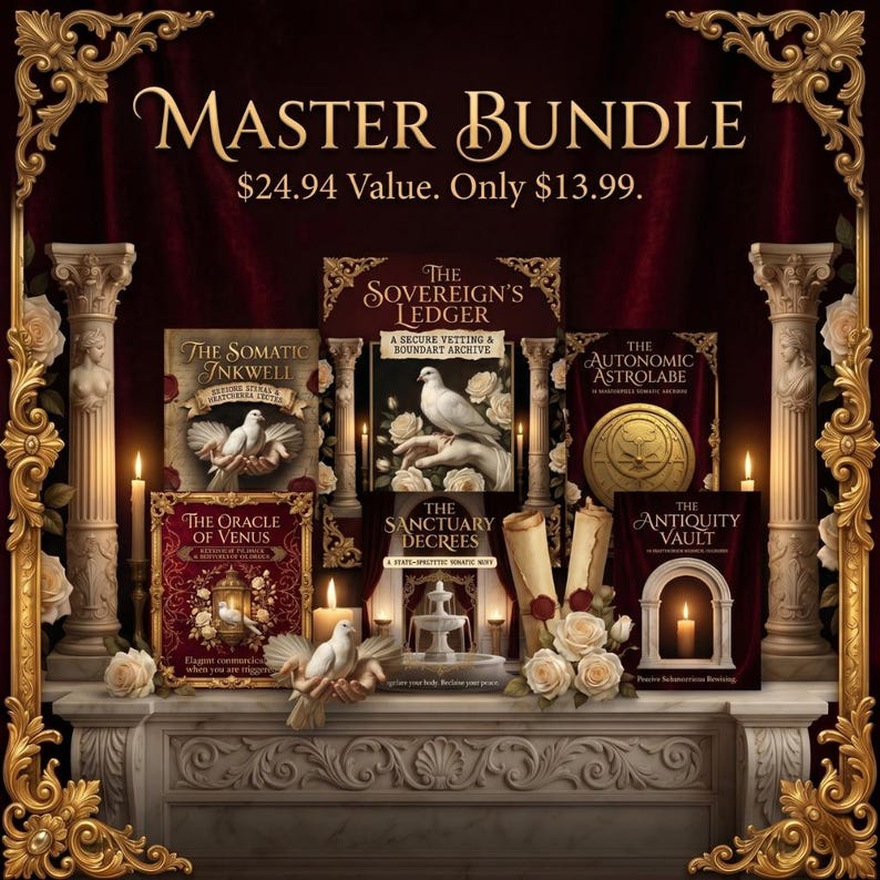 May include: A collection of books titled "Master Bundle" with ornate gold frames and a dark red background. The books feature titles like "The Sovereign's Ledger" and "The Autonomic Astrolabe." Decorative elements include candles, doves, and roses.