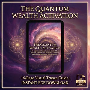 Könnte beinhalten: Digitales Grafikdesign mit dem Text "THE QUANTUM WEALTH ACTIVATION" in goldener Schrift. Das Bild zeigt ein Tablet, das einen visuellen Trance-Guide mit einem lila-goldenen kosmischen Design anzeigt. Der Guide wird als 16-seitiger PDF-Download beschrieben.