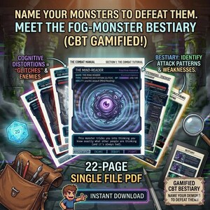 Pode incluir: Gr&aacute;fico de download digital para um jogo de fantasia. A imagem mostra cartas com ilustra&ccedil;&otilde;es de monstros, o texto "Name Your Monsters to Defeat Them" e um PDF de 22 p&aacute;ginas. Um dado, uma caneta e uma lupa tamb&eacute;m s&atilde;o vis&iacute;veis.