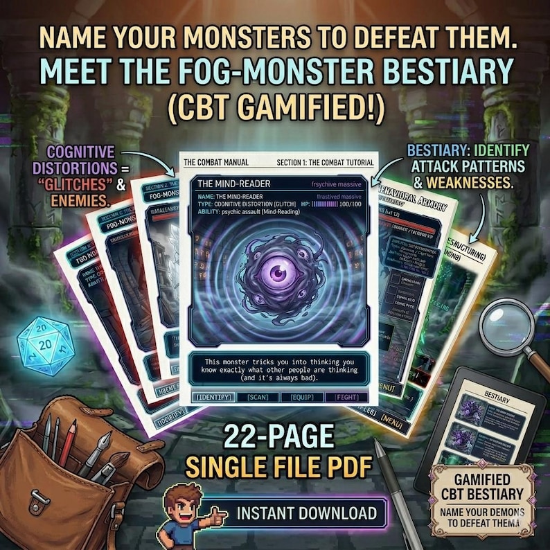 Pode incluir: Gr&aacute;fico de download digital para um jogo de fantasia. A imagem mostra cartas com ilustra&ccedil;&otilde;es de monstros, o texto "Name Your Monsters to Defeat Them" e um PDF de 22 p&aacute;ginas. Um dado, uma caneta e uma lupa tamb&eacute;m s&atilde;o vis&iacute;veis.