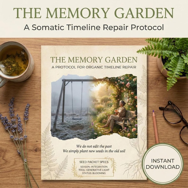 May include: A digital download titled "The Memory Garden: A Somatic Timeline Repair Protocol." The design features a split image: a swing set in a misty field and a person sitting in a rose garden. Includes text: "Instant Download."
